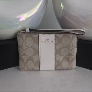 Coach Beige Signature Canvas Wristlet with White Center Stripe